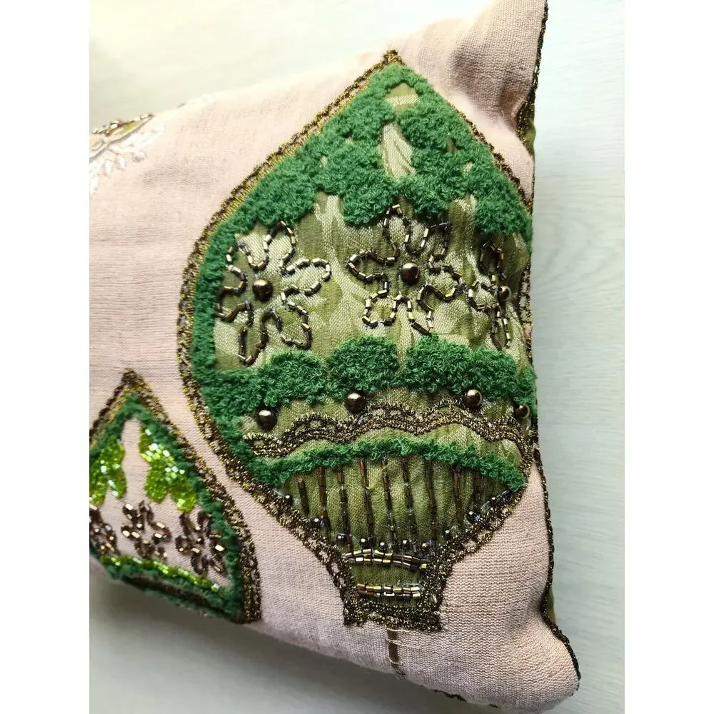 Pier 1 Beaded Embroidered Throw Pillow 16x12 Green Floral Accent Decor
